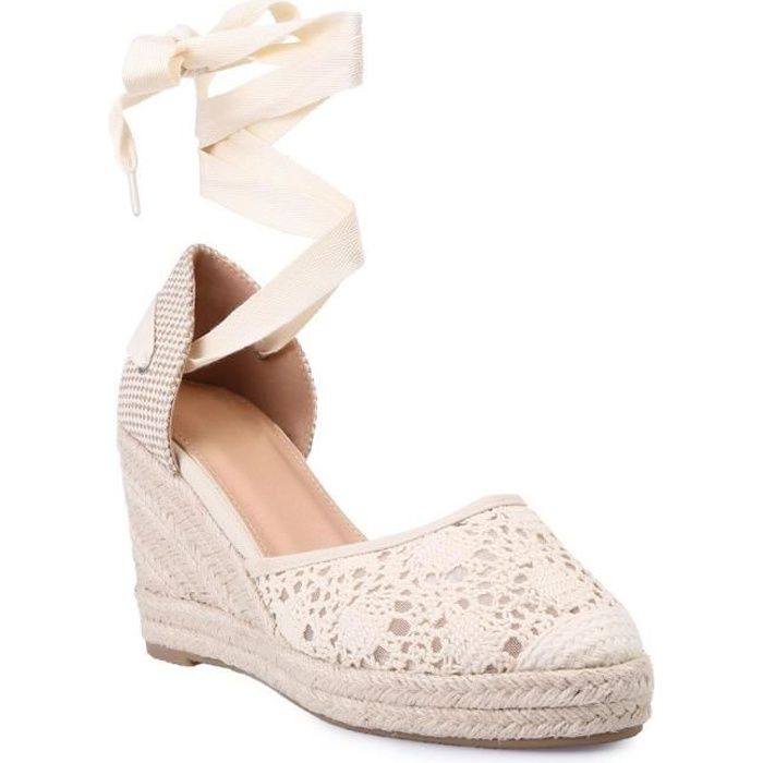 Espadrilles compensées - Beige - Dentelées - Femme