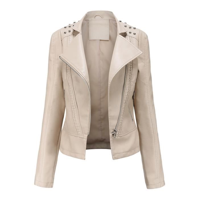 Femme Blouson Simili Cuir Col Revers Veste Mi Saison Couleur Unie Rivet  Décoratif Pour Printemps et Automne Beige - Cdiscount Prêt-à-Porter