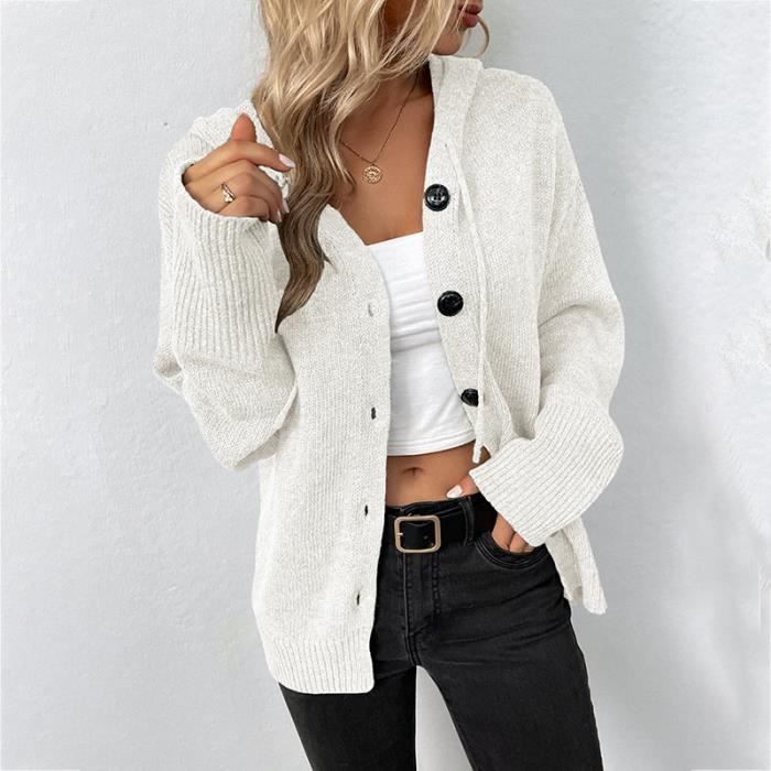 Pull a capuche Femme tricot cardigan bouton unique Automne hiver Blanc Couleur unie