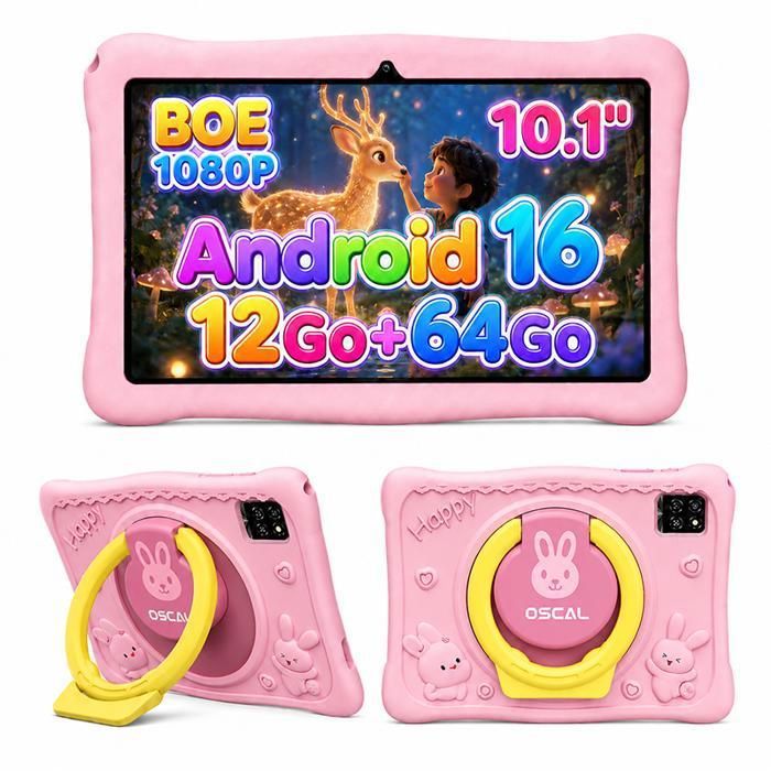 Tablette Enfant OSCAL KIDO 2 10.1 Pouces Android 16 12Go+64Go Contrôle Parental Google Kids Space Widevine L1 Coque Anti Choc