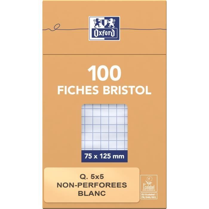 Oxford - Fiches Bristol - A6 - 10,5 x 14,8 cm - Non perforées - Blanc -  Petits carreaux - Pack de 100 Pas Cher