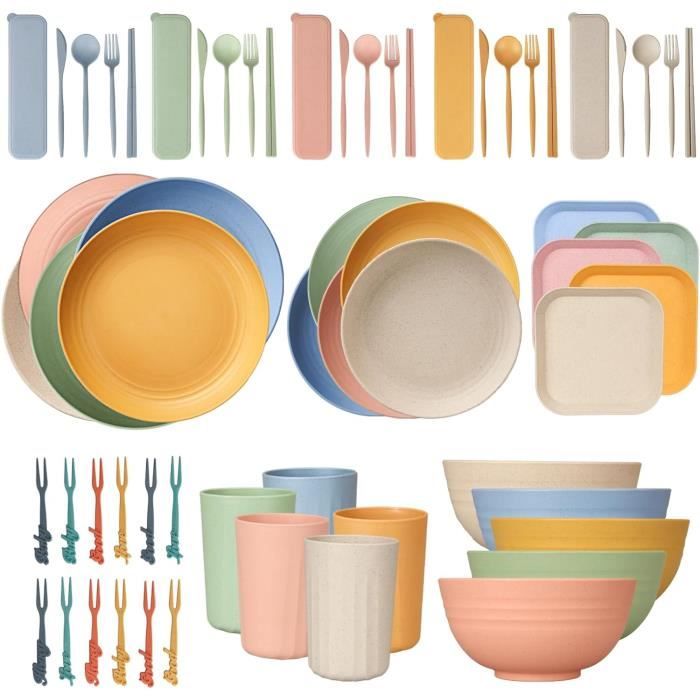 Service De Table En Plastique 12 Pièces Hobein - 4 Assiettes, 4 Bols, 4 Tasses, Incassable, Micro-ondes Et Lave-vaisselle