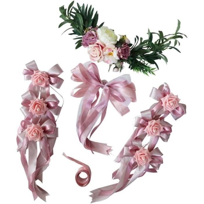 Guirlande D'Organza Voiture Mariage - Décoration Florale Roses, Tulle Blanc + Fleurs Blanches Pour Rétroviseurs Et Capot