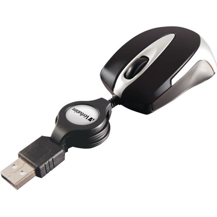 VERBATIM Mini Souris de voyage – Filaire – Optique – 2 Boutons – PC – Noir