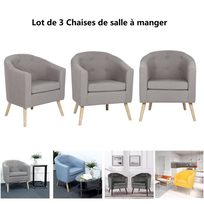 Willonin® Set de 3 Fauteuil de salon avec accoudoir Chaise de Salle à manger Siège confortable Gris clair en tissu et mousse