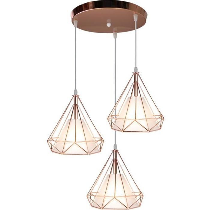 UNI Lustre Suspension 3 Lampes en Disque Cage Diamant en Métal E27 25cm Or Rose Luminaire Salle à Manger Couloir Salon Chambre
