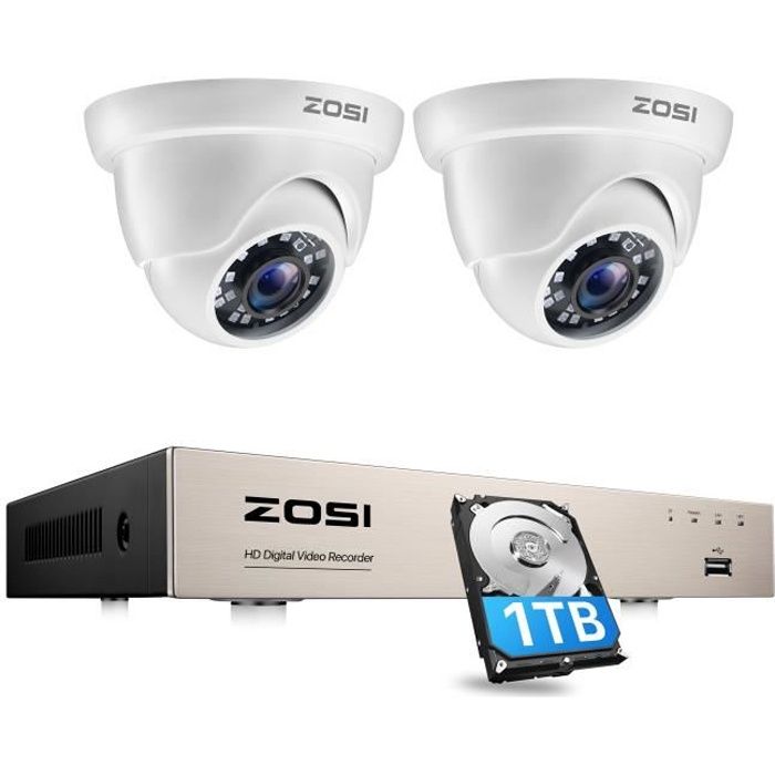 ZOSI 4CH 1080P DVR + 2 Caméra de Surveillance Extérieure 2MP Alerte
