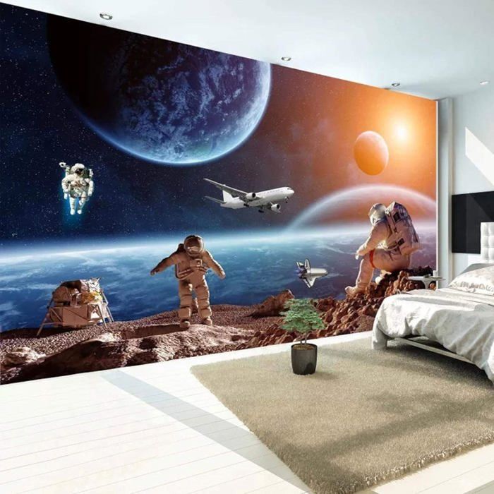 Papier Peint Intissé 3D Mural Planète Espace Astronaute Avion Mur De ...