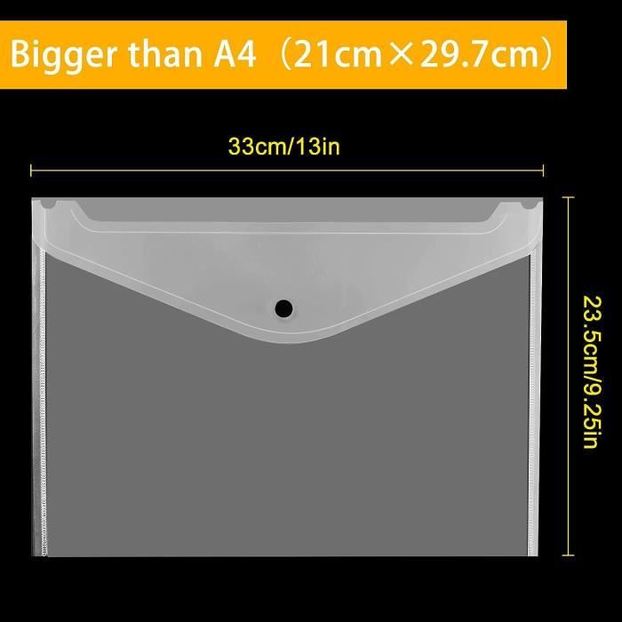 Lot de 36 pochettes en plastique transparent A4 avec bouton de poche