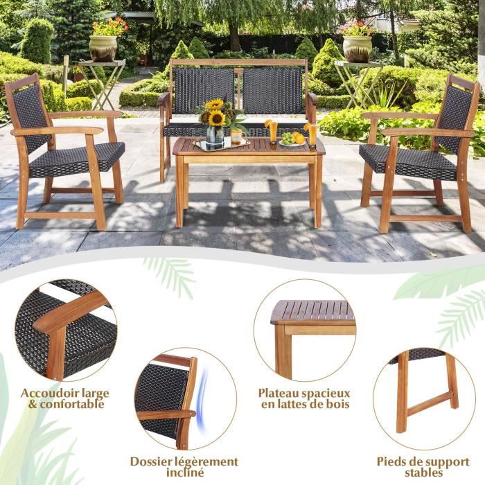 Ensemble Salon Jardin COSTWAY 4 Pièces - Canapé, 2 Fauteuils, Table Basse Verre, Acier, Gris
