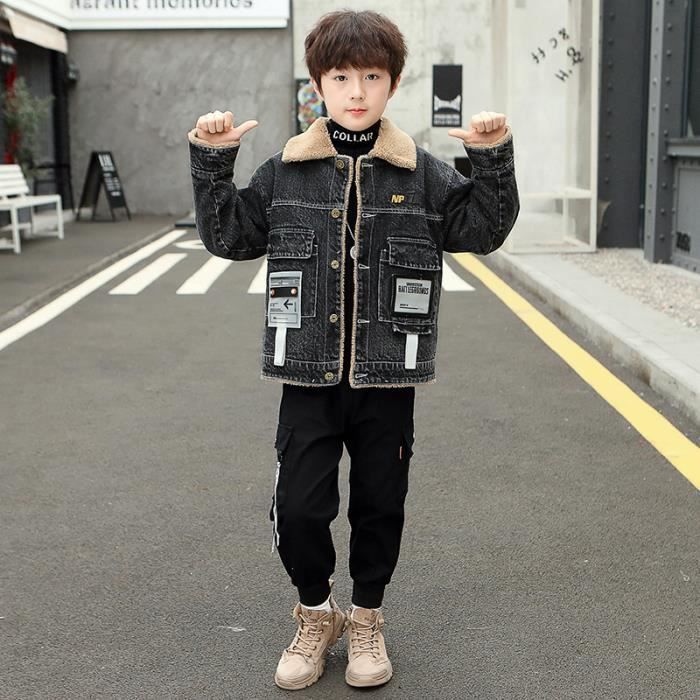 Veste en jean pour enfants Garcon Fille Effiloche Revers Casual Noir