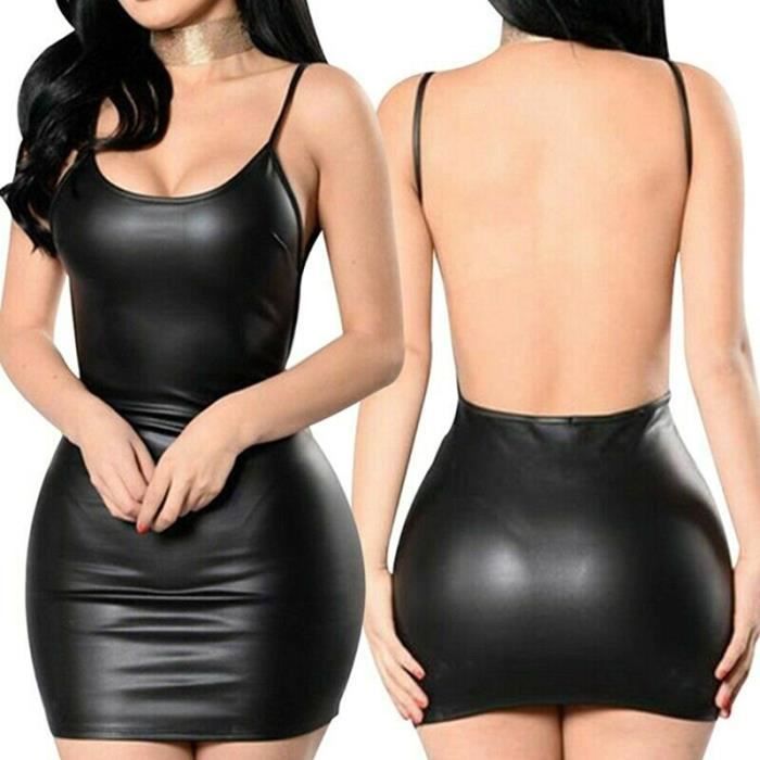 Robe Robe Sexy en Faux cuir dos nu courte tenue de soir e Club
