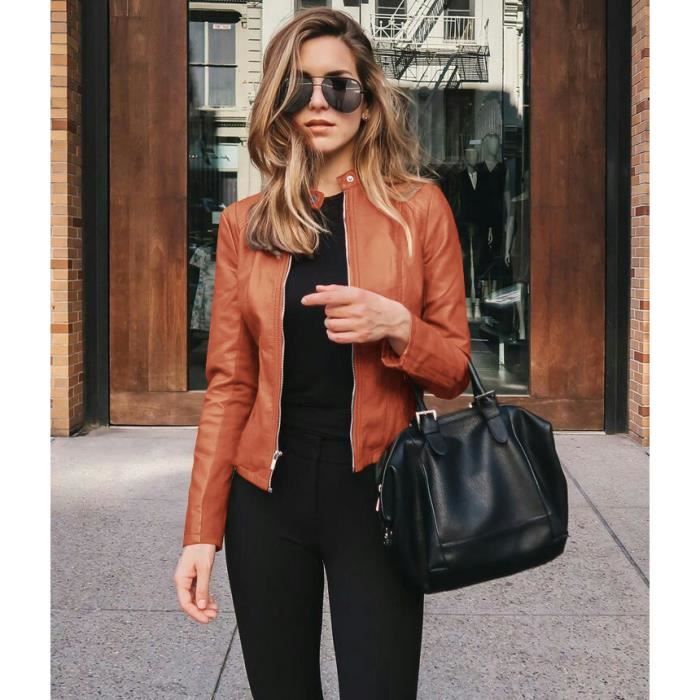 Manteau Femmes Veste en Simili Cuir Zipper Manteau Court Veste