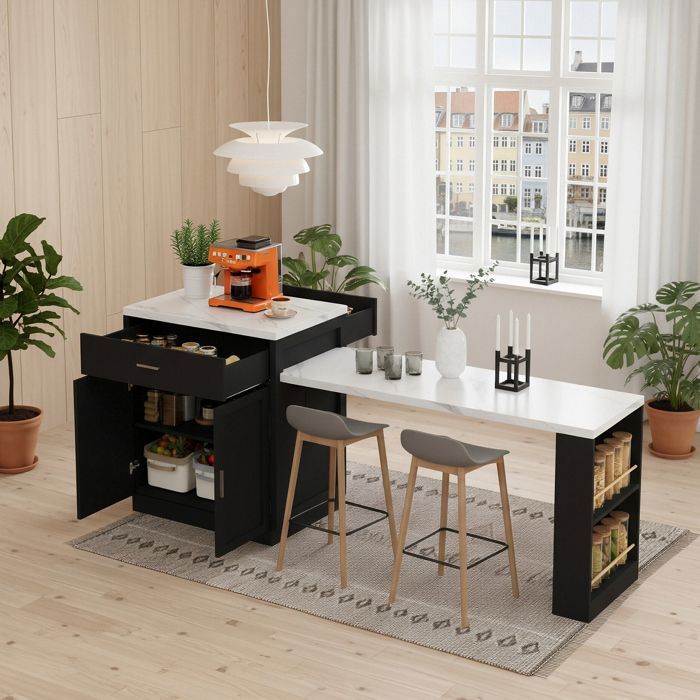 Îlot De Cuisine Mobile Avec Rallonge Et Rangements - 120x65x92 Cm, Prises Intégrées, Roulettes