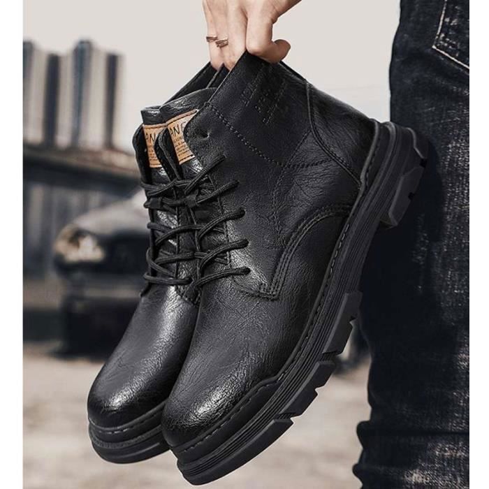 Bottes d'hiver pour hommes Cuir de vache Doublure en peluche Noir