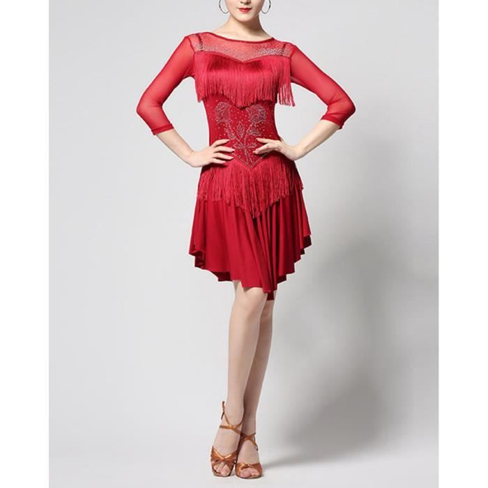 Femme Robe de Danse Latine Long Robe de Asymetrique Swing Salsa a Franges Robe de Salon Competition rouge Rouge Cdiscount Pret a Porter