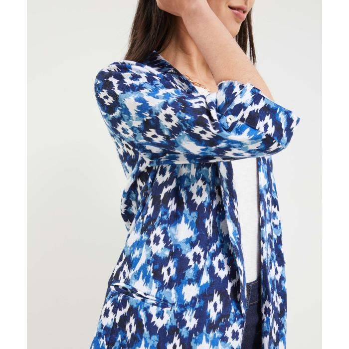 Veste fluide femme GRAIN DE MALICE Imprime a moifs bleus Manches 3 4 Coupe droite Bleu Cdiscount Pret a Porter