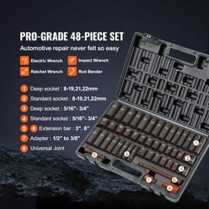 MIXPOWER Jeu d'embouts hexagonaux Drive Master à impact 1/2, 20 douilles Allen 1/2, SAE/métrique, 6-19 mm, acier Cr-Mo, qualité d'impact