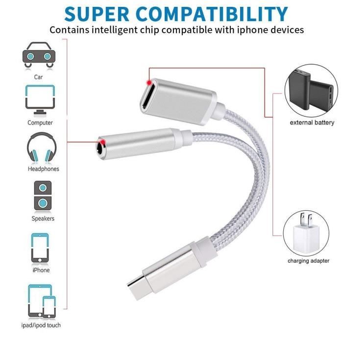 Adaptateur USB-C Vers Jack 3.5mm + Chargeur 2-en-1 - Compatible Universel - Neuf