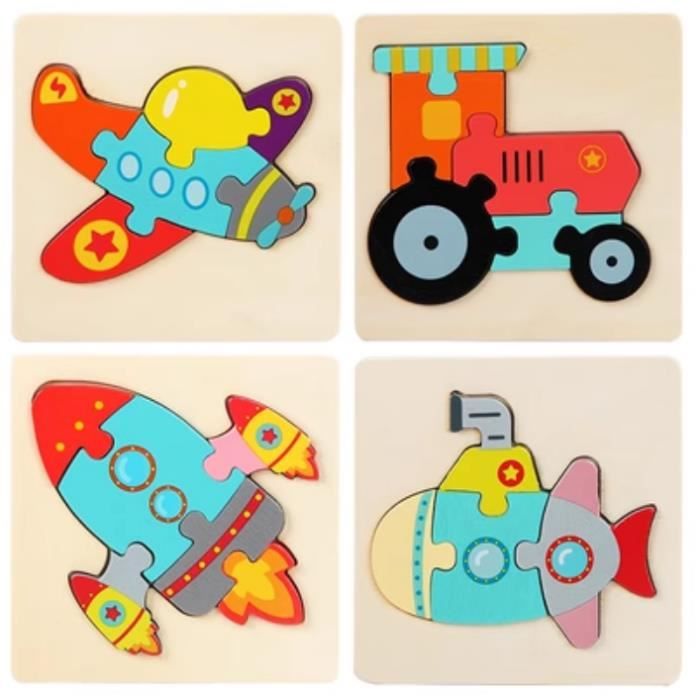 Puzzle Enfant ,Jouet Bébé 3D Puzzles 6 Pcs Puzzle Bois Jouet Montessori  Transport Puzzle à Encastrement Anniversaire Noël Cadeau