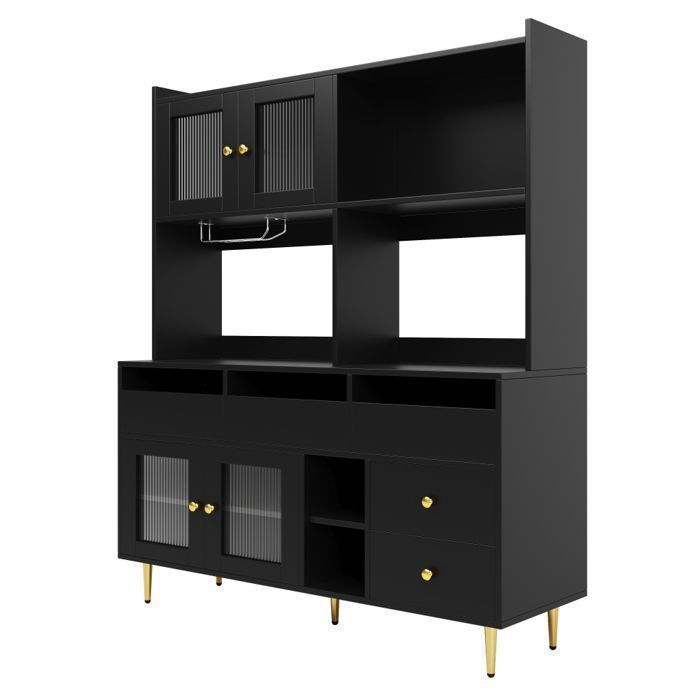 Armoire de Cuisine, Meuble de Rangement avec éclairage LED et Prise de Courant, Buffet Haut, Étagères Réglables, 180x105x40cm, Noir - Maison Armoire de Cuisine, Meuble de Rangement avec éclairage LED et Prise de Courant, Buffet Haut, Étagères Réglables, 180x105x40cm, Noir - Maison