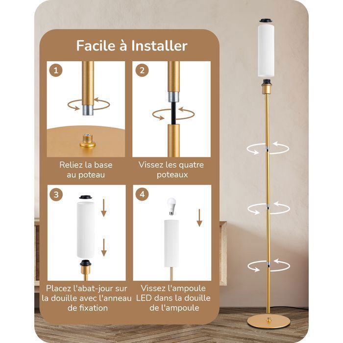 EDISHINE Lampadaire Sur Pied Salon Avec Abat-jour En Lin Et Télécommande - Gradation & Température Réglables, 165 Cm