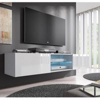 Meuble TV - TIBI - 2 portes - LED - Blanc Finition brillante
