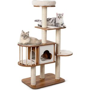 ARBRE À CHAT COSTWAY Arbre à Chat Design Vesper H142cm en Bois avec Plate-Forme Griffoir et Coussins Lavables Centre d'Activités pour Chat/Chaton