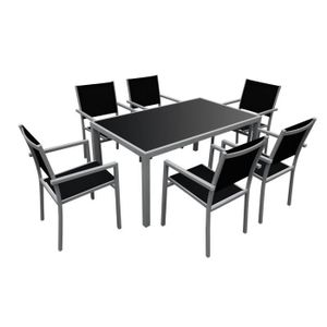 Ensemble table et chaise de jardin Salon de jardin BERGAMO en textilène noir 6 places - aluminium gris
