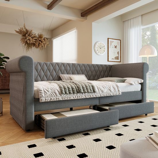 Canapé Lit Convertible 2 Places Avec 2 Tiroirs - 90/180x190 Cm - Tissu Coton-lin - Sans Matelas - Beige/Gris - Charge Max 150 Kg