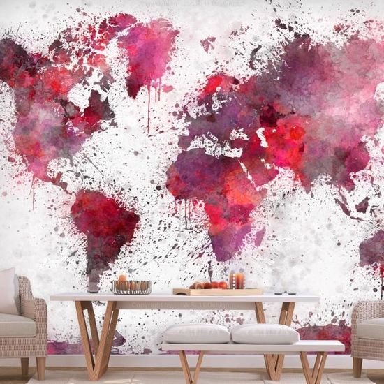 Papier Peint Carte Du Monde Style Mesure 200x140 World Map Red Watercolors