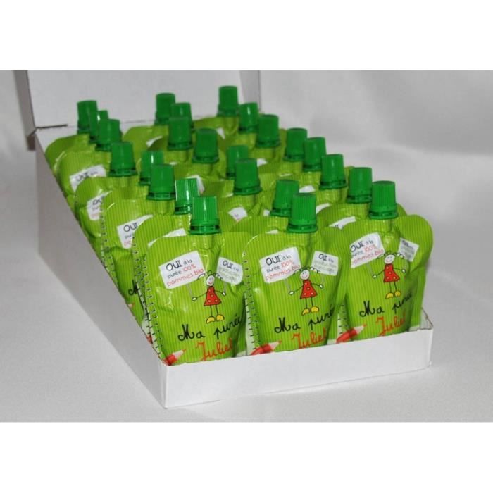 Lot de 24 gourdes de purée de pomme 100% bio produites en France.