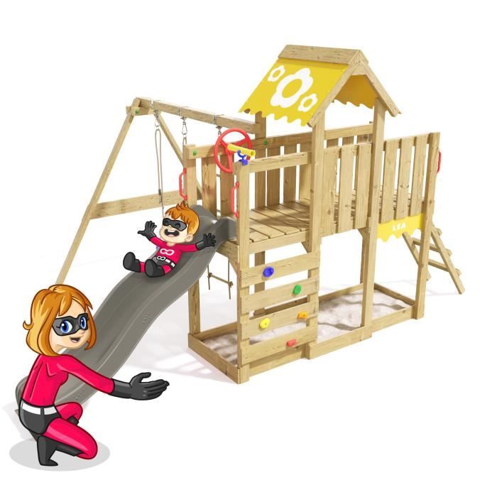 Aire de jeux Playful Heroows portique bois avec balançoire et toboggan anthracite Cdiscount