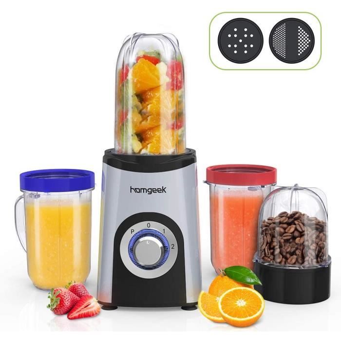 Blender Smoothie, Homgeek Mini Blender, Mixeur Multifonction avec 4 Bouteilles, 350W, 2 Vitesses, Appareil à Smoothie avec 2 types d