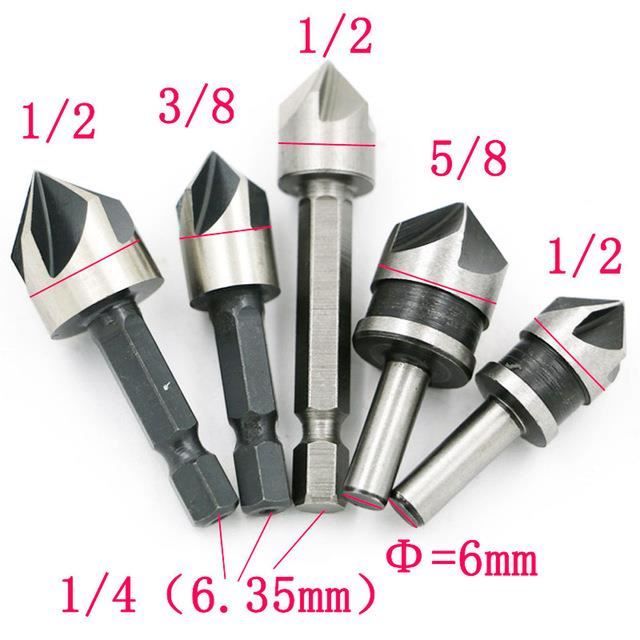 A4091 5 pièces HSS 5 Flûte Fraise 82 Degrés Point Chanfrein D'angle Foret Ensemble Outil de chanfreinage pièce ébavurage alésa