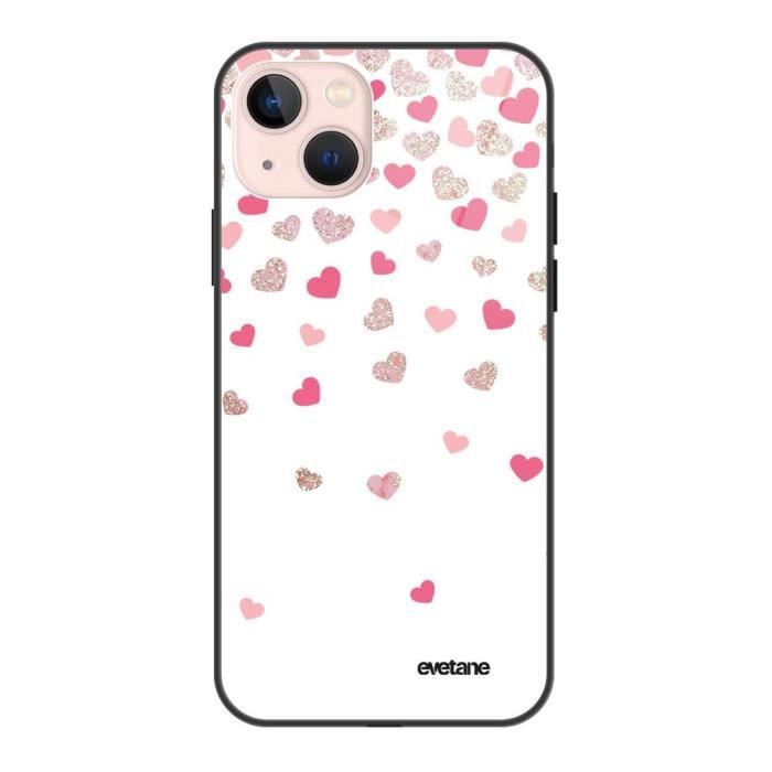 Coque soft touch glossy pour iPhone 13 - EVETANE - Modèle : Coeurs en confettis
