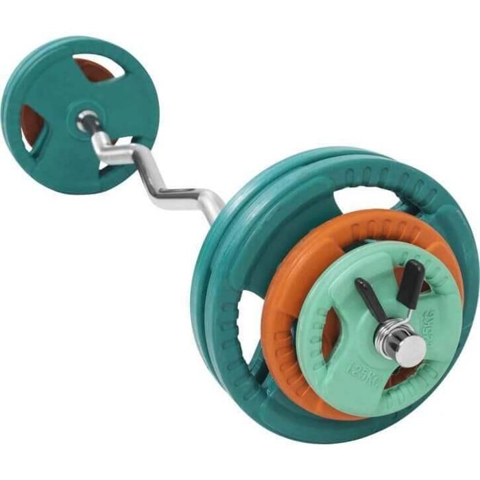 35kg total - set en caoutchouc grip avec barre curl de 120cm avec stop disques inclus