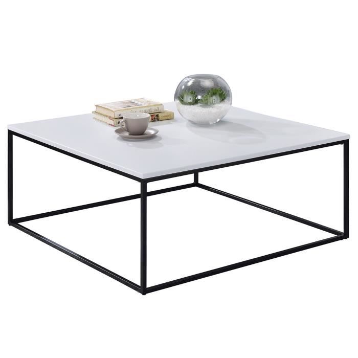 Table basse SAHARA table d'appoint de salon L75 x H40 x P75 cm bout de canapé design industriel, métal laqué noir et MDF blanc