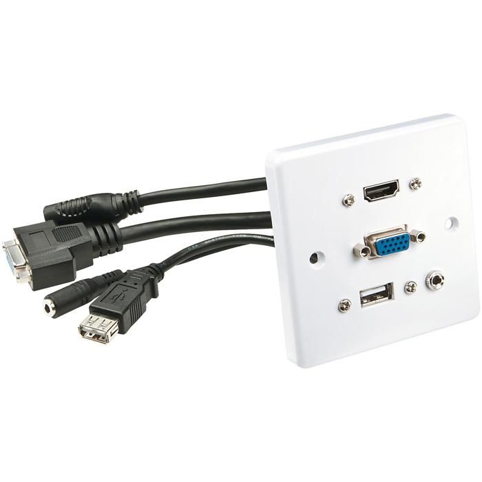LINDY Multi AV Faceplate Plaque montable sur mur fiche mini-phone Stéréo 3,5 mm, HDMI, USB Type A, VGA blanc commande unique