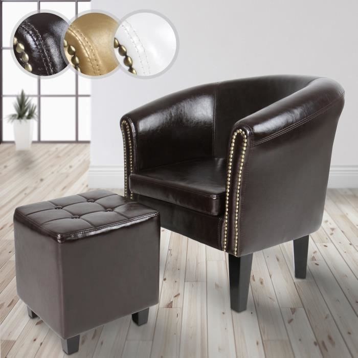 MIADOMODO® Fauteuil Chesterfield avec Repose-Pied - Simili Cuir, Marron - Chaise, Cabriolet, Tabouret Pouf, Meuble de Salon
