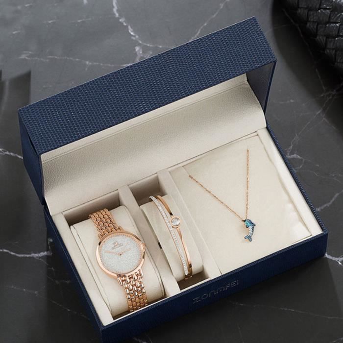 Coffret Cadeau Montre Femme + bracelet + collier , bijoux femme or rose