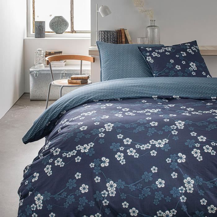Parure de lit 2 personnes 220X240 Coton imprime bleu Floral SUNSHINE 5.11
