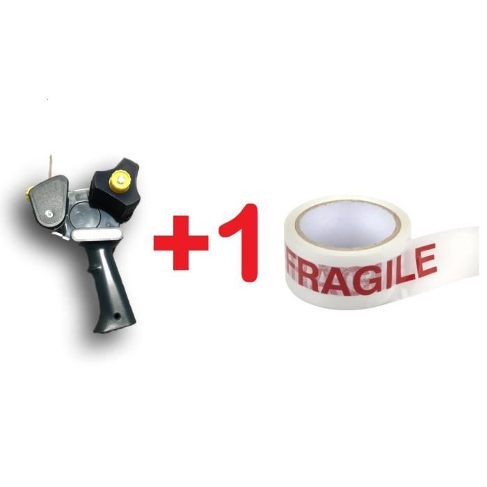 lot de 1 pistolet dévidoir pour ruban adhésif 50 mm + 1 rouleau adhésif FRAGILE 66 mètres