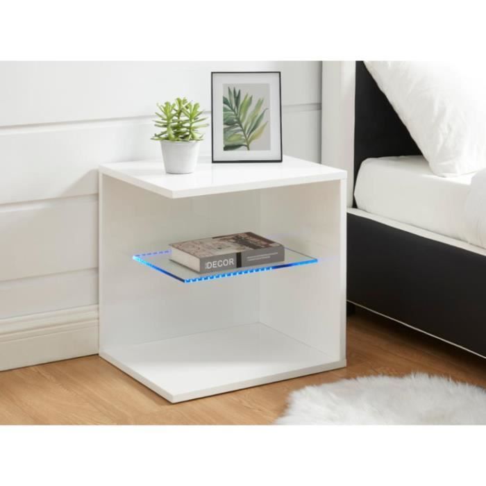 Table de chevet TOMY - MDF et verre trempé - Avec LEDs - Laqué blanc