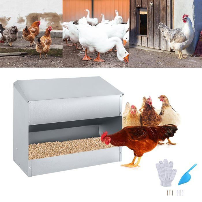 Comparer les prix de LARS360 Distributeur de nourriture pour poules 15 kg - Distributeur suspendu en acier inoxydable pour les poules en acier galvanisé