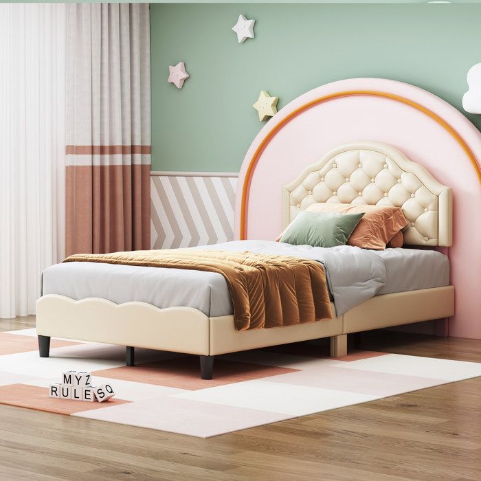 cadre de lit simple - 90 x 200cm, sans matelas, avec sommier à lattes, cuir pu, lit enfant, beige - hauss spole