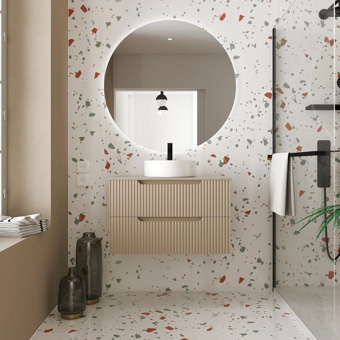 Meuble de Salle de Bains LEON 80cm Marron Glace - 2 Tiroirs en MDF Ondules - Vasque Ronde 36cm