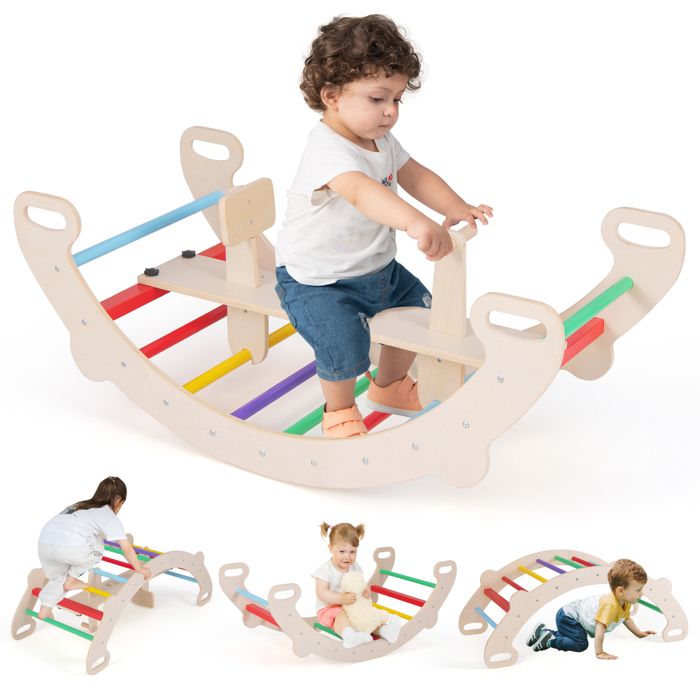 GOPLUS Cheval à Bascule 4 en 1 en Bois Siège/Poignée/Dossier Amovibles Jouet dEscalade Montessori pour Enfants de 1 à 5 Ans