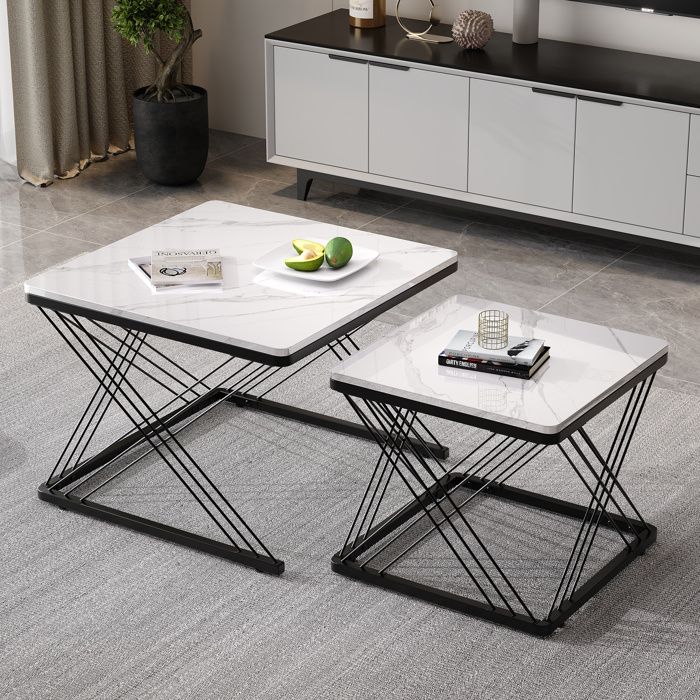 Table basse gigogne Lot de 2Style moderneTable basse de salon carré60x60x45+45x45x40cm Blanc brillant