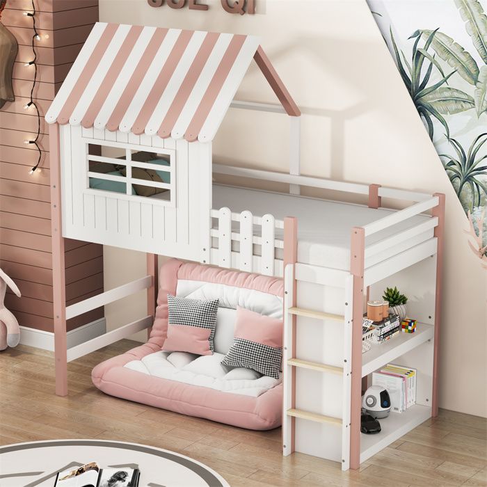 Lit Mezzanine Cabane 90x200cm Lit Mezzanine 1 Place Enfant avec ToitéchelleCompartiments de RangementBois MassifCouleur Rose
